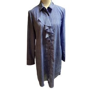 Banana Republic Womens Blue White Striped Ruffle Front Button Down Shirt Dress M